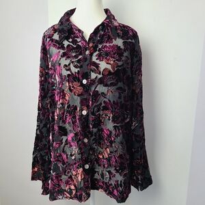 J.H. Collectibles velvet burnout button-down long-sleeve blouse, PTP 26.5"